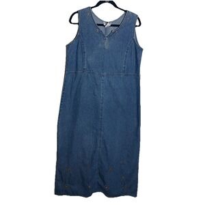 Denim Maxi Dress Sleeveless Blue‎ Jean Beaded Casual Long Sundress